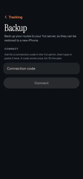 The Backup page with a Connection code field and a Connect button