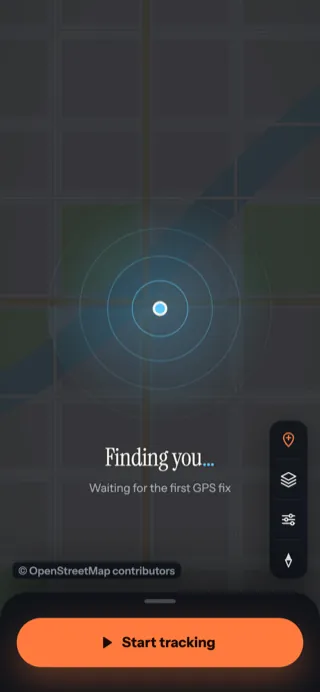 The map dimmed under a radar sweep, captioned Finding you, waiting for the first GPS fix