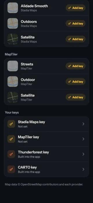 The keyed styles with Add key buttons, and a Your keys list for Stadia Maps, MapTiler, Thunderforest and CARTO