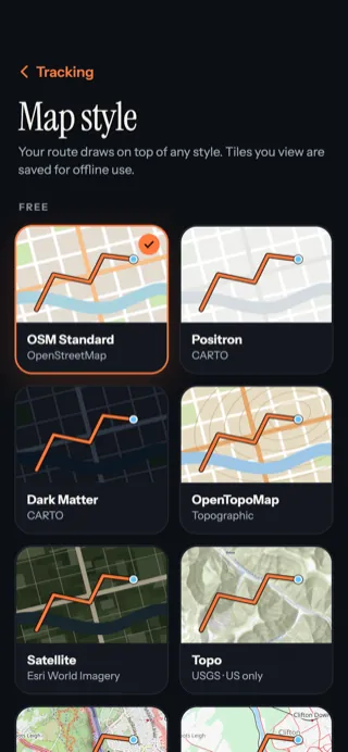 The Map style page with preview cards for OSM Standard, Positron, Dark Matter, OpenTopoMap, Satellite and Topo