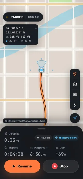 A paused recording: the capsule reads PAUSED, the figures are dimmed and an orange Resume button replaces Pause