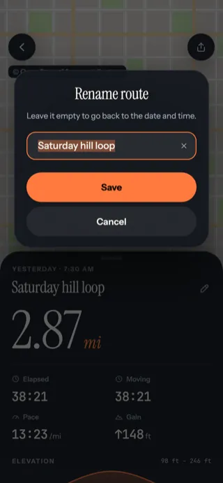 The Rename route dialog with the name Saturday hill loop and a Save button