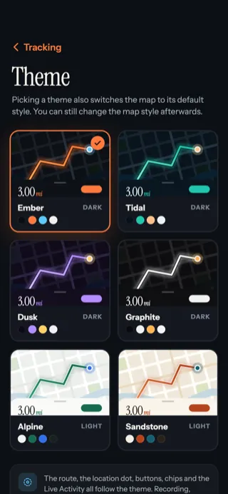 The Theme page with six cards: Ember, Tidal, Dusk and Graphite marked Dark, and Alpine and Sandstone marked Light