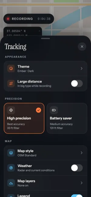 Yut's Tracking options sheet, where the theme, units and map settings are chosen