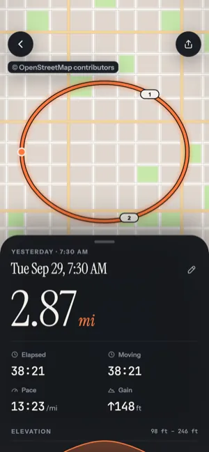 One route on its own map, with its distance, times, pace and climb